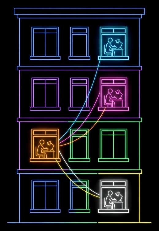 A neon apartment building at night, friends studying in the lit windows, joined by strings of light
