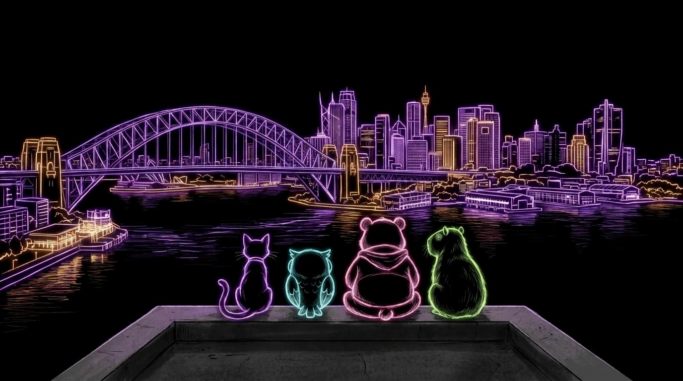 The four companions on a Sydney rooftop at night, looking out at the Harbour Bridge and the city